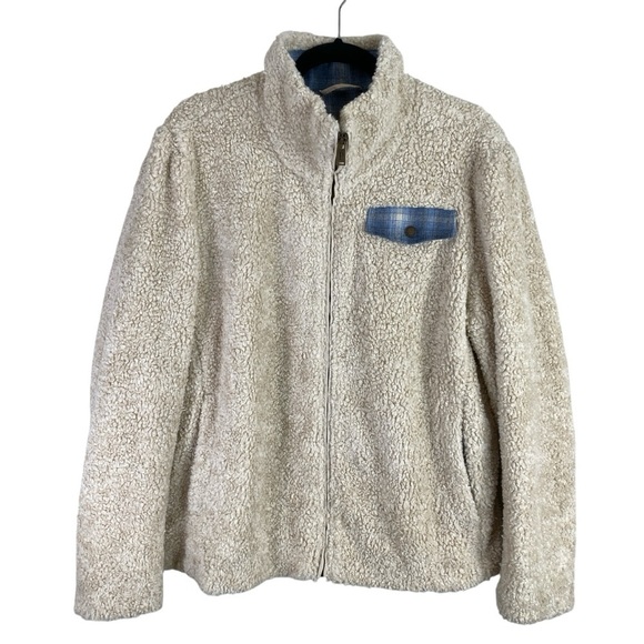 Pendleton Women’s Cream Blue Plaid Accent Fuzzy Full Zip Teddy Jacket XL - Picture 1 of 15